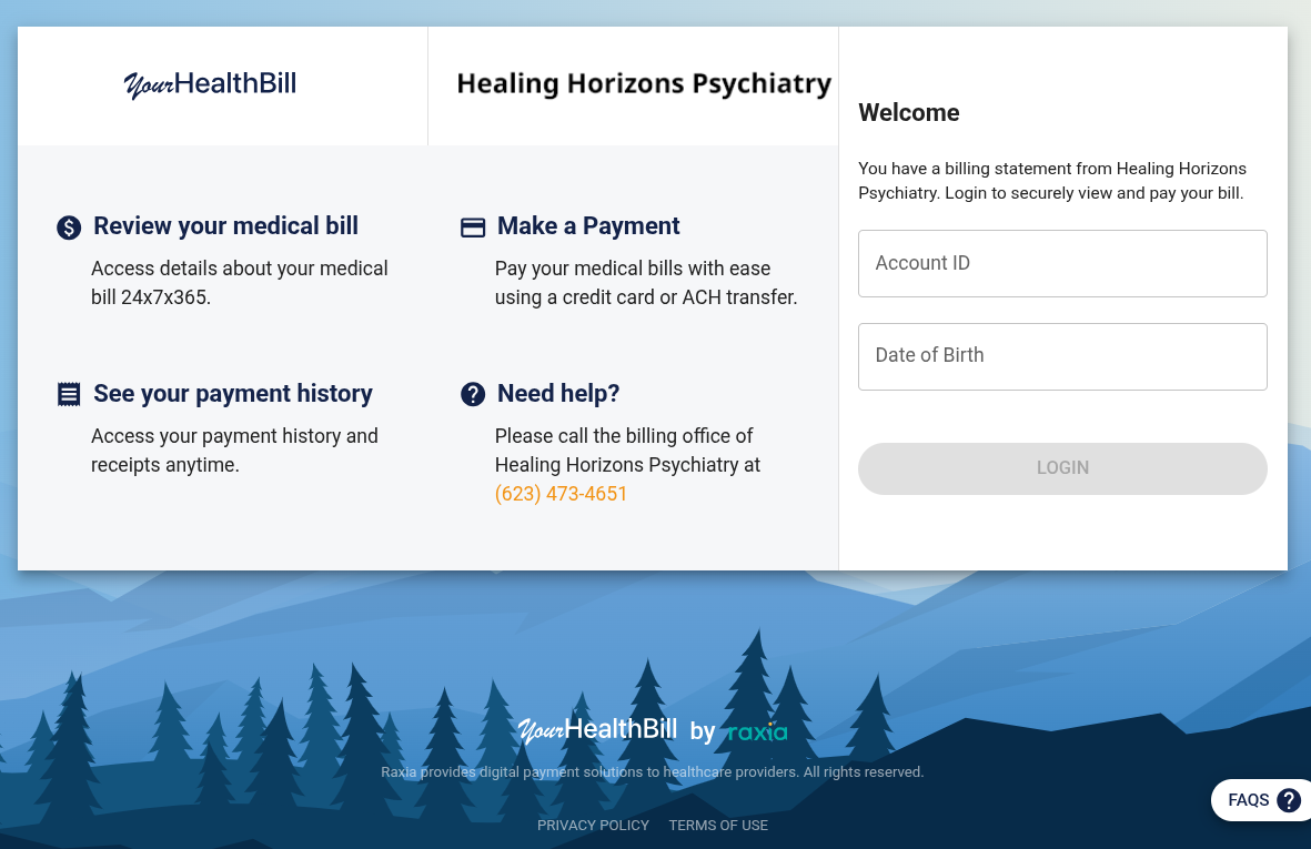 The YourHealthBill sign-in screen at yourhealthbill.com/hhp, where you enter your details to find your bill