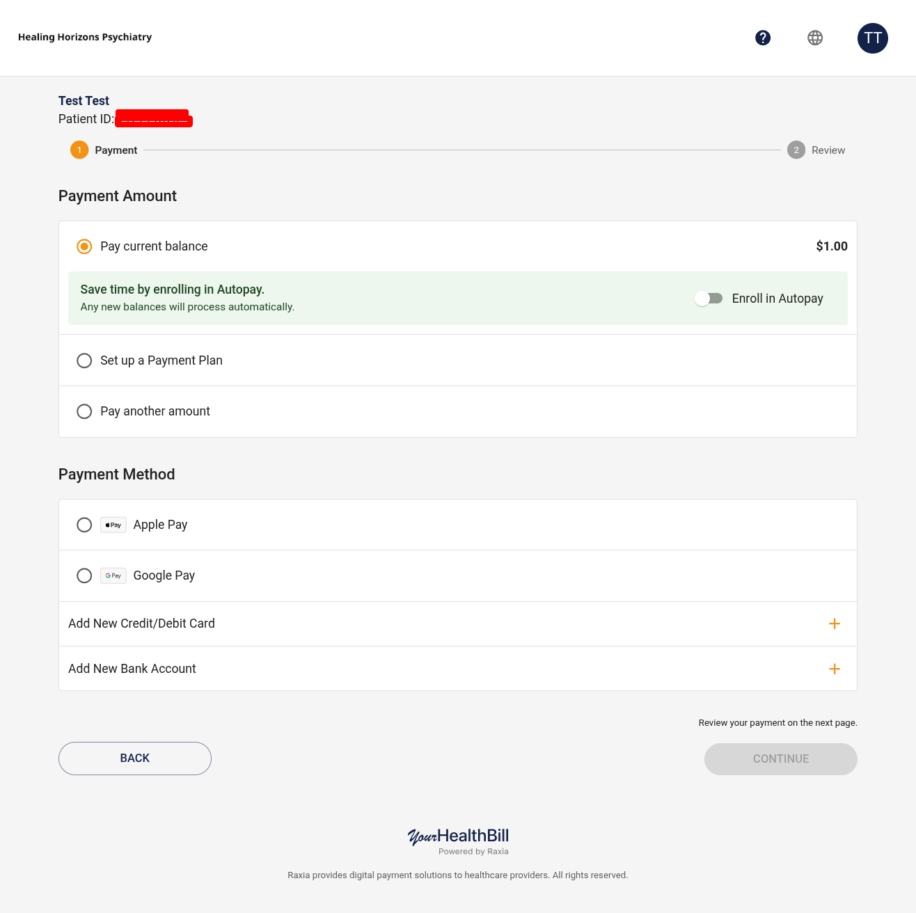 The YourHealthBill payment screen with payment amount options and payment methods including Apple Pay, Google Pay, card and bank account